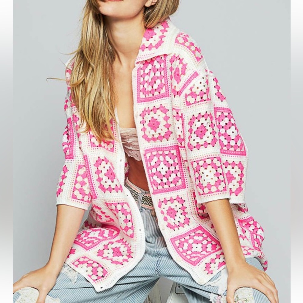 Pink Crochet Granny Square Open Cardigan - Women Tops